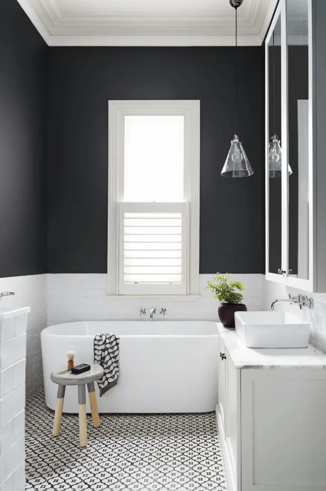 Patterned black and white tiles on the floor is a great addition to this mid sized bathroom