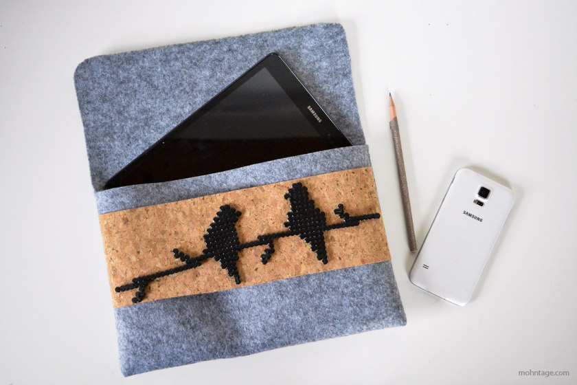 DIY felt tablet case with beaded birds