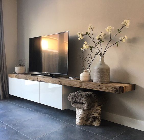 make your floating IKEA Besta TV unit original with a thick raw edge countertop