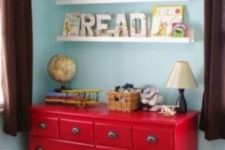 16 a hot red Hemnes dresser with cool metal handles for a colorful kids’ room