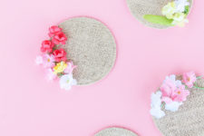 DIY floral fabric coasters with plastic blooms