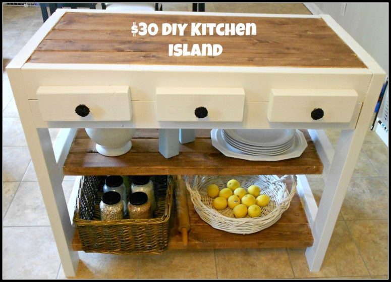 DIY small farmhouse kitchen island in white and wood (via mominmusiccity.com)