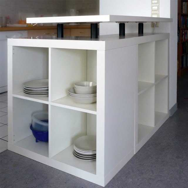 DIY L-shaped kitchen island of 2 IKEA Kallax units (via www.ikeahackers.net)
