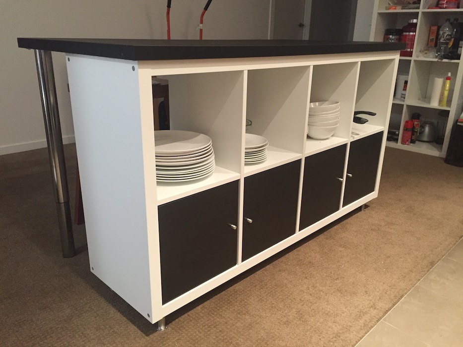 DIY black and white kitchen island of IKEA Kallax unit