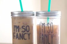 DIY gold painted and stenciled letters mason jar tumblers