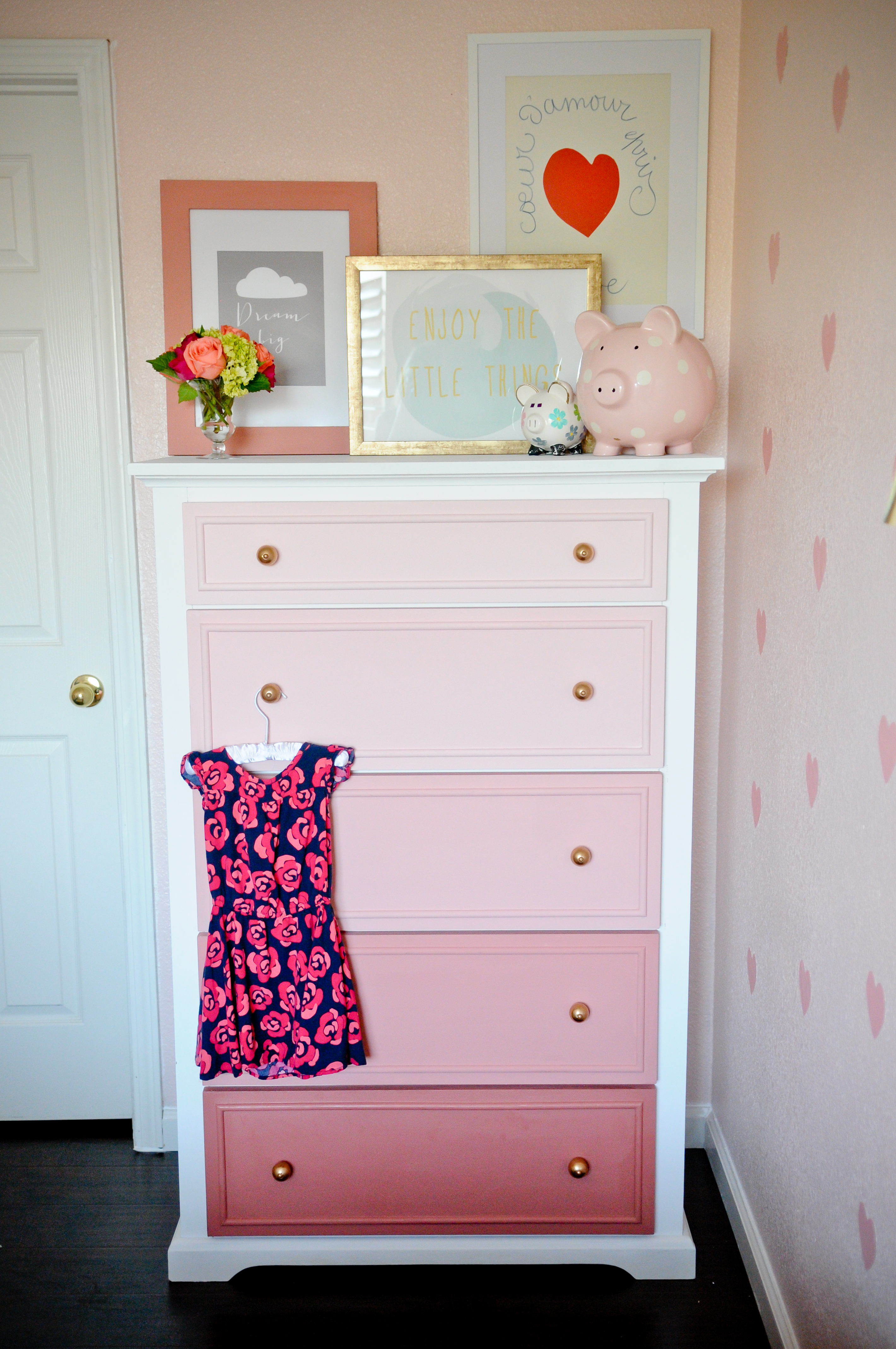 DIY ombre pink dresser with gold knobs for a girl's room