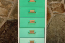 DIY IKEA Helmer dresser in ombre green with metal tags and handles