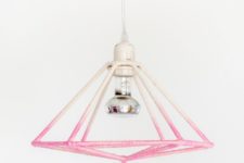 DIY ombre pink geometric lampshade of BBQ sticks and yarn