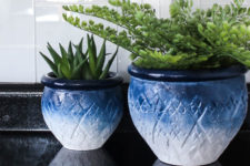 DIY painted navy to white ombre planters with patterns
