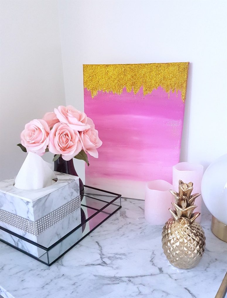 DIY glam ombre pink and gold glitter wall art (via ohclary.com)