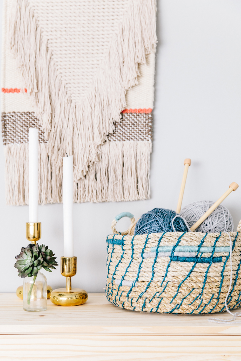 DIY rope basket with blue yarn decor