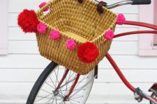 DIY bike basket with large pompoms