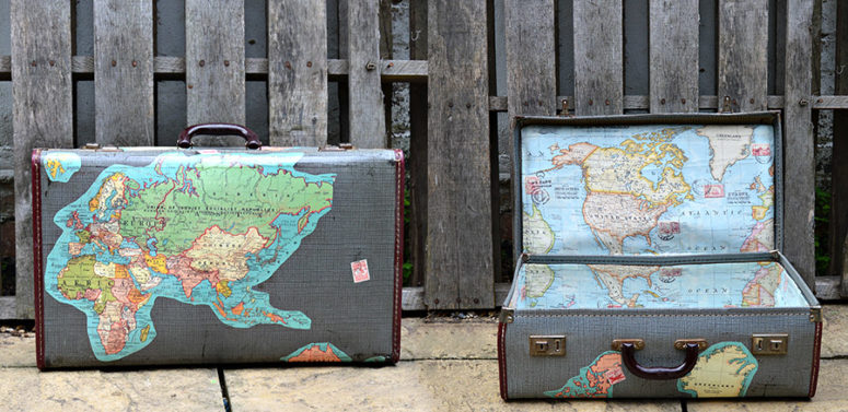 DIY map decoupage suitcases (via www.pillarboxblue.com)