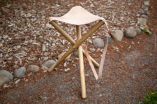 DIY tripod camp stool with a blush leather seat