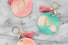 DIY watercolor round leather tags with tassels