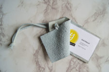 DIY aqua leather tags with visit cards inserted