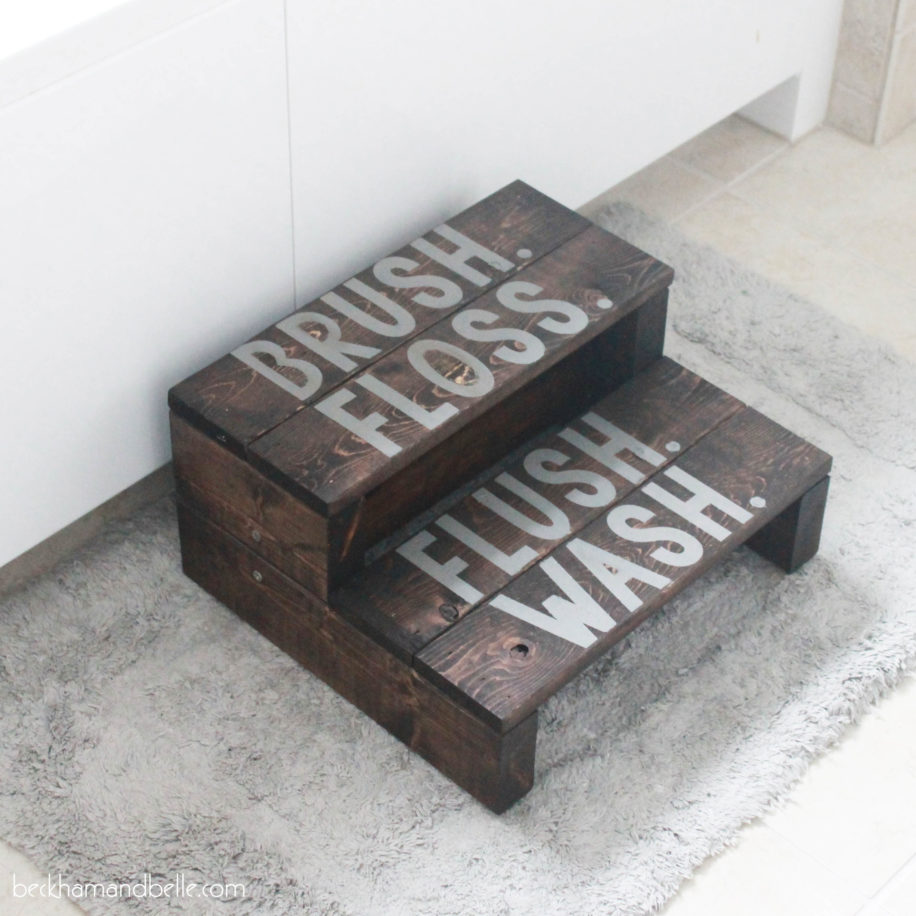 DIY dark stained wooden step stool for kids
