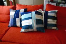 DIY nautical pillows of striped fabric and denim
