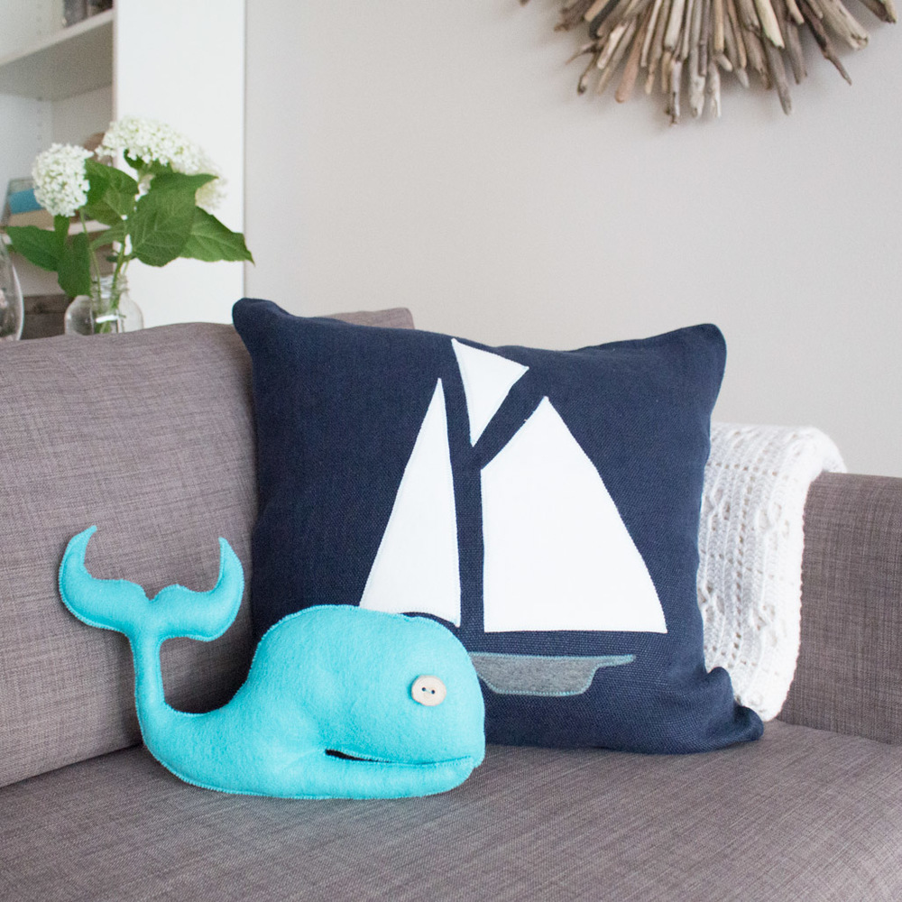 DIY duo of nautical pillows with a whale and boat pillow