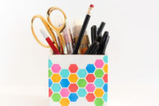 DIY stenciled pencil holder with hexagons