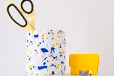 DIY terrazzo-inspired pencil holder with colorful FIMO