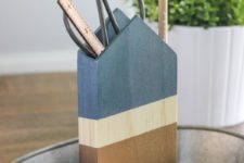 DIY painted house-shaped pencil holder