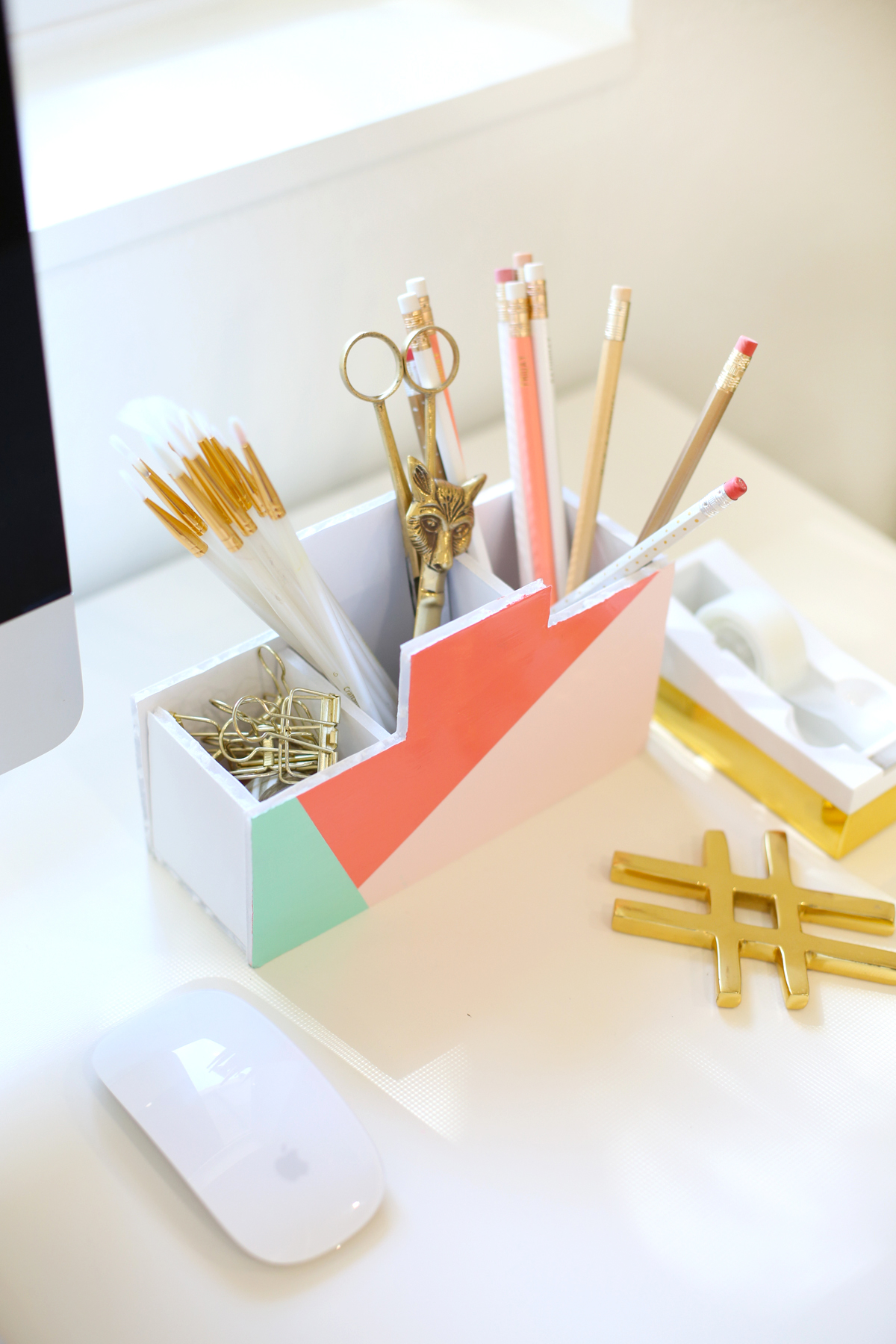 DIY colorful pencil holder with bright geometric touches (via lovelyindeed.com)