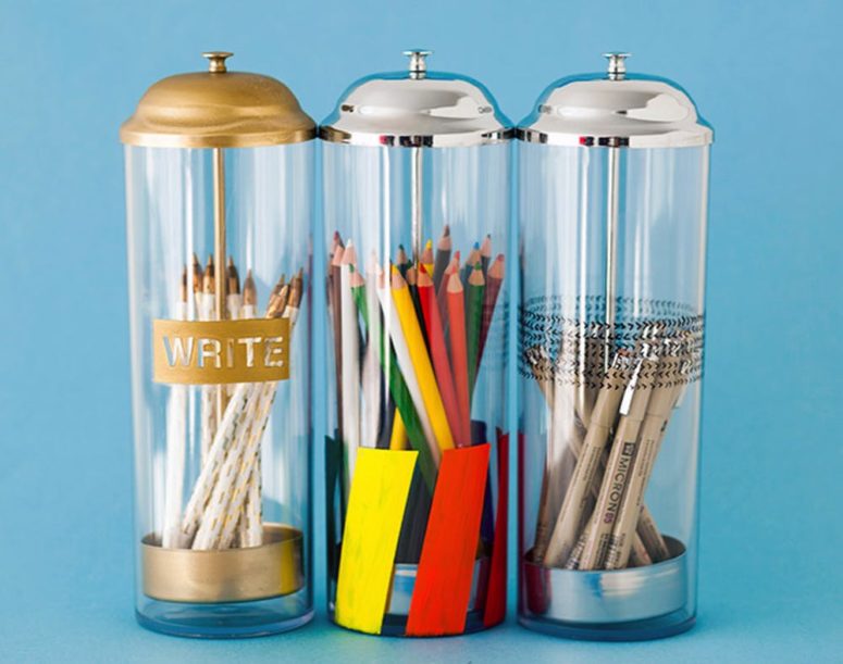 DIY stylish pencil holders of straw dispensers (via www.brit.co)