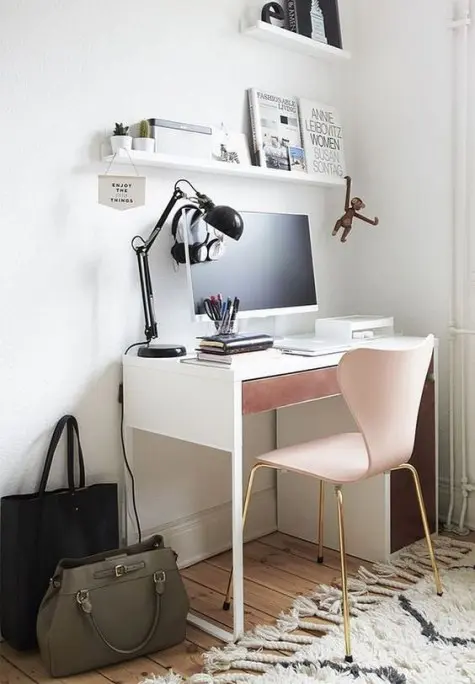 a girlish hack of Micke desk with a dusty pink drawer is a very elegant idea for any space