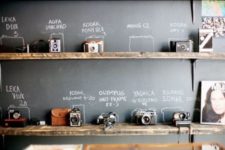 05 rustic wooden shelves and a chalkboard wall are great to display your cameras and sign them up