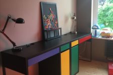 11 a colorful shared desk for a kids’ room done in black and with touches of bold colors
