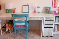 12 decoupaged IKEA Micke desk with a world map for a kids’ room