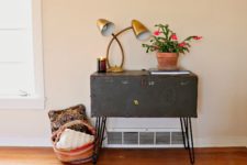 DIY army trunk table with hairpin legs