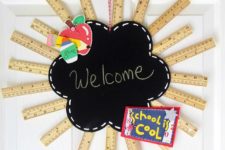 DIY chalkboard ruler wreath with colorful decor