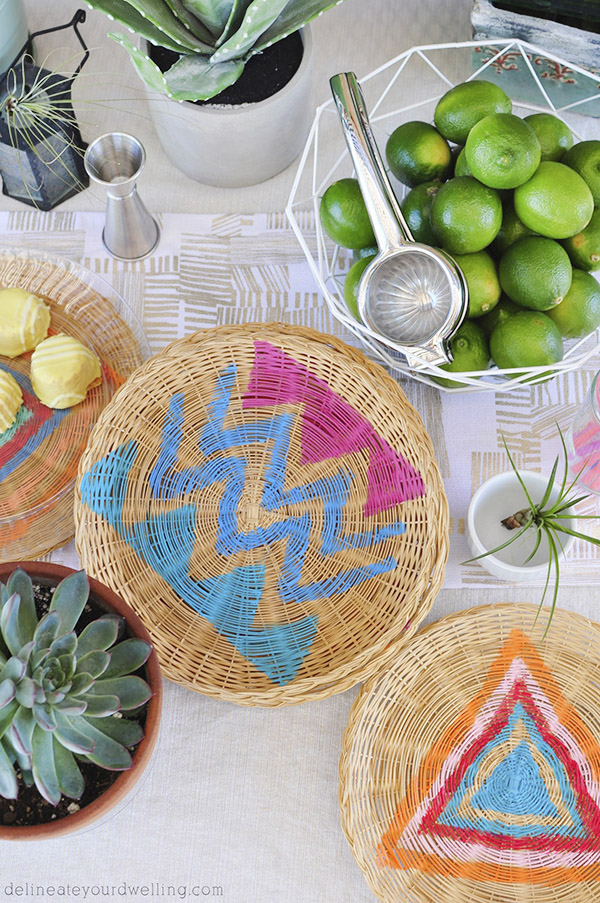 DIY colorful boho painted wicker chargers (via www.delineateyourdwelling.com)