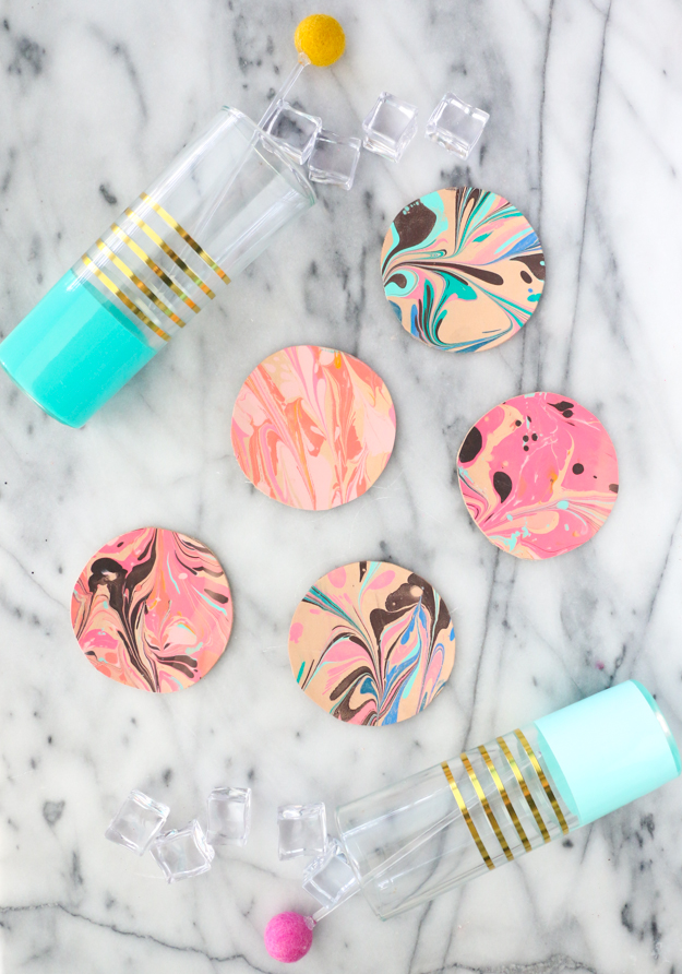 DIY water marbled leather coasters (via akailochiclife.com)