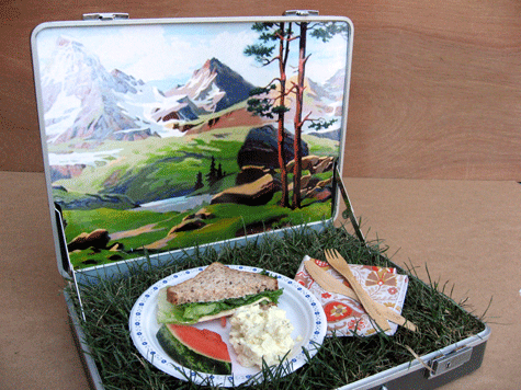 DIY picnic-inspired lunch box with grass inside (via www.designsponge.com)