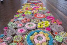 DIY rope and pompom rug in various colors