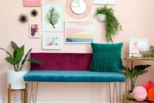 DIY color blocked jewel tone velvet bench