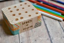 DIY wood block pencil holder with colorful washi tape
