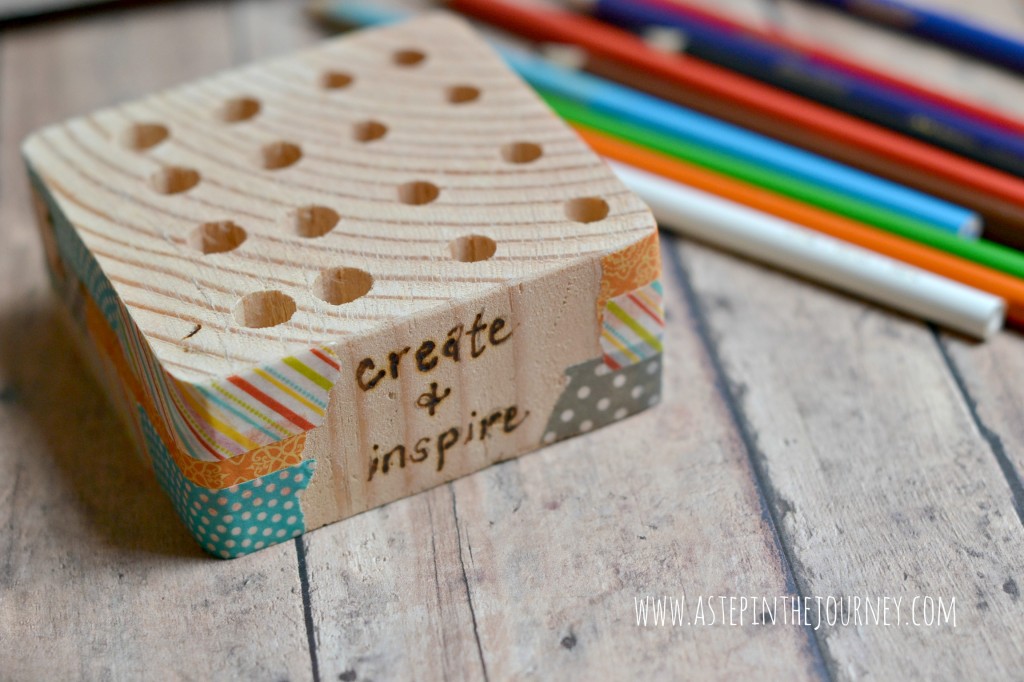 DIY wood block pencil holder with colorful washi tape (via astepinthejourney.com)