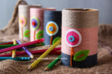 DIY pencil holders with colorful twine and floral appliques