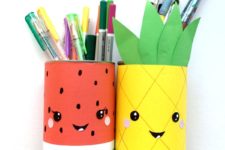 DIY fruity pencil holders of paper and tin cans