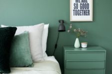 08 a peaceful green accent wall and a matching nigthstand will create a relaxing ambience in the bedroom