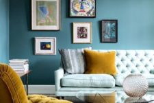 14 a refined mustard velvet chair plus a matching pillow to enliven a teal room