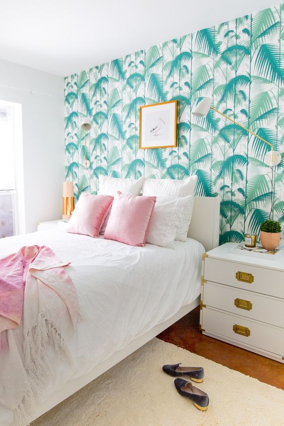 bring a glam tropical touch with a palm leaf accent wall like this one