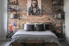25 highlight your rustic meets industrial style with a red brick accent wall at the headboard