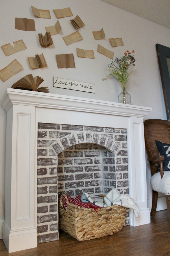 DIY fake brick fireplace (via www.woodshopdiaries.com)