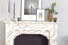 DIY faux fireplace painted like marble