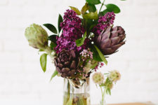 DIY artichoke, greenery and lilacs arrangement